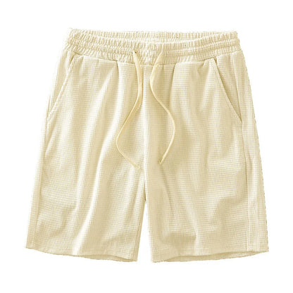 Men Shorts Solid Color Mid Waist Summer Motion Waffle Texture Deep Crotch Drawstring Male Shorts Loose Knee Length Casual Short