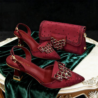 Italian Design Olive Green rhinestone Pointed-Toe Women's High Heels & Matching Bag Set - Ideal for Parties & Weddings