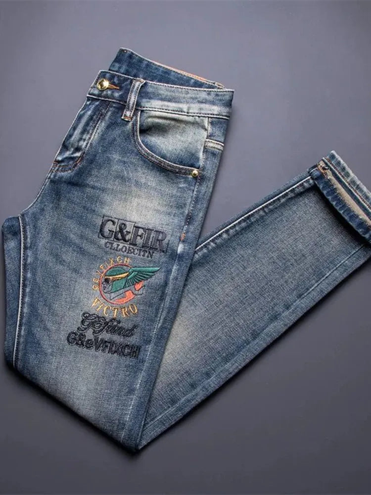 Calça Jeans Masculina Reta Vintage Americana Estampada Tendência Primavera Outono Nova Moda Calça Jeans Stretch Esportiva Casual 28-36