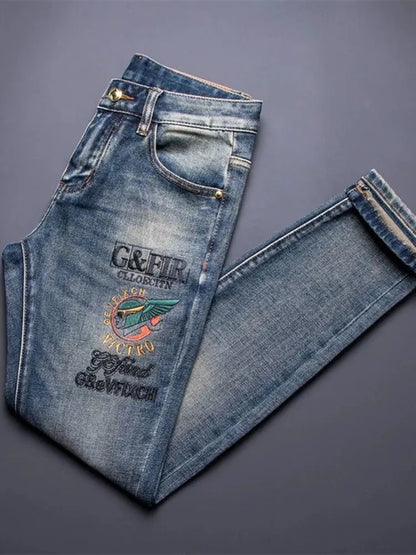 Calça Jeans Masculina Reta Vintage Americana Estampada Tendência Primavera Outono Nova Moda Calça Jeans Stretch Esportiva Casual 28-36