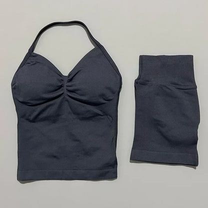 2 Pieces Sports Set Women Backless Halter Tops Fitness Tank Top High Waist Seamless High Stretch Shorts Gym Workout Sets