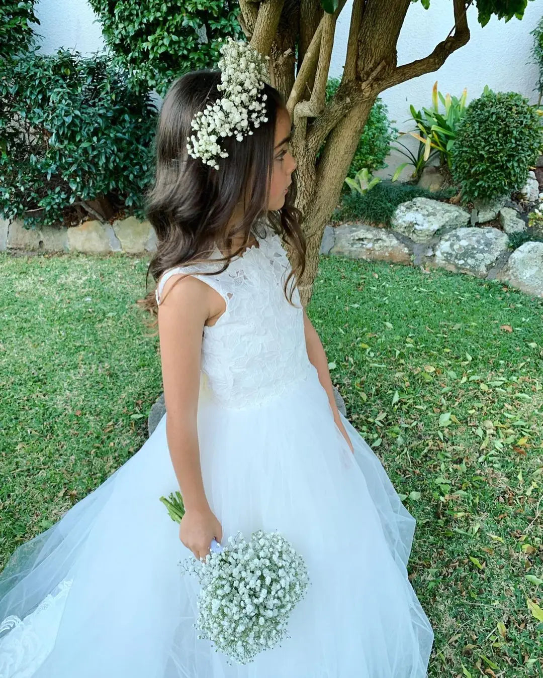 Communion Girl Dress Lace Appqulies Bodice Floor-length Skirt Puffy Dress with Long Train Formal Party Toddler Clothe