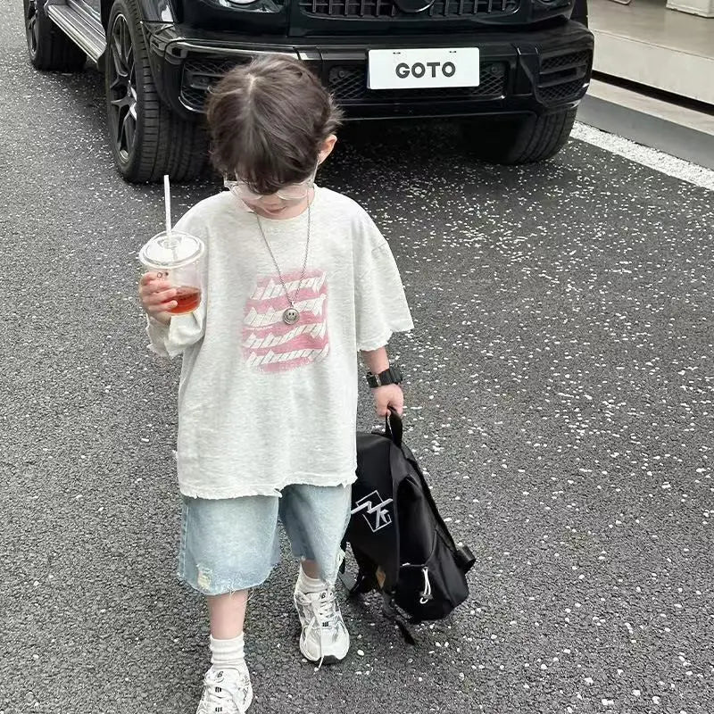 Toddler Boys 2Pcs Summer Outfits Letter Print Short Sleeve T-Shirt Ripped Denim Shorts Set Kids Boys Casual Daily Clothes 2-6Y
