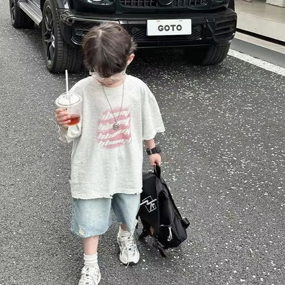 Toddler Boys 2Pcs Summer Outfits Letter Print Short Sleeve T-Shirt Ripped Denim Shorts Set Kids Boys Casual Daily Clothes 2-6Y