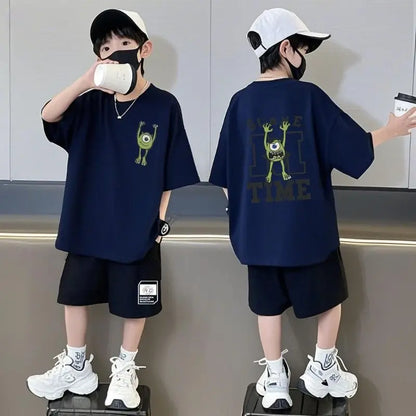 Summer Kids Boys T-Shirt+Shorts 2-Piece Set Printing Children Teen Loose Comfortable Sports Casual Clothes 7-17 Years Old