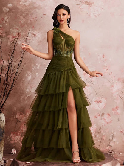 Vestido de Luxo com Aplique em Espinha de Peixe e Ombro Assimétrico Vestido de Festa Elegante em Tule com Fenda Vestidos de Noite Formais Elegantes Vestido de Festa sem Costas para Baile de Formatura
