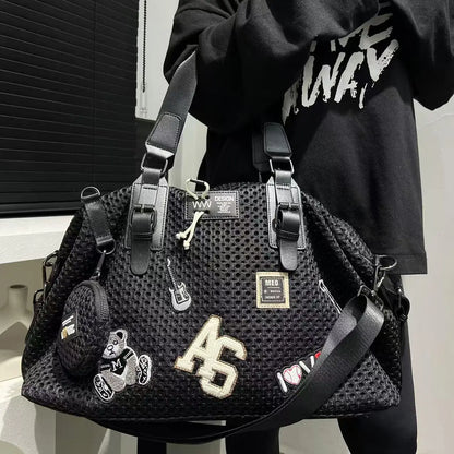Fashionable women's mesh nylon adhesive tote bag, large capacity splicing shoulder bag, short distance travel casual handbag