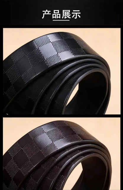 Light Luxury Mens Leather Belt Smooth Buckle Genuine Cowhide Perforated Pattern Fashion Trendy High End Versatile