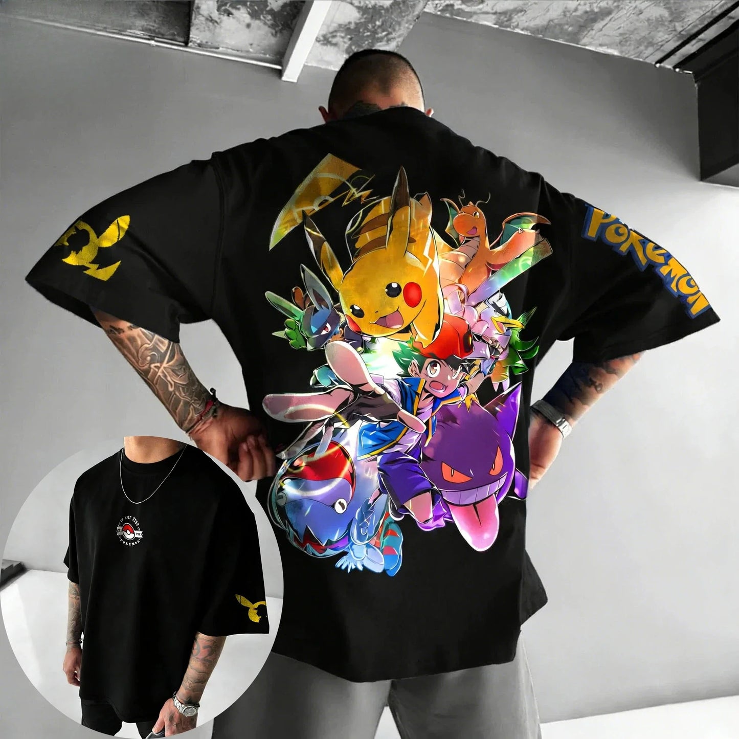 Men Cotton T-Shirt Streetwear Colorful Pikachu & Ash & Friends Print Oversized Casual Daily Wear Anime Fans Gift