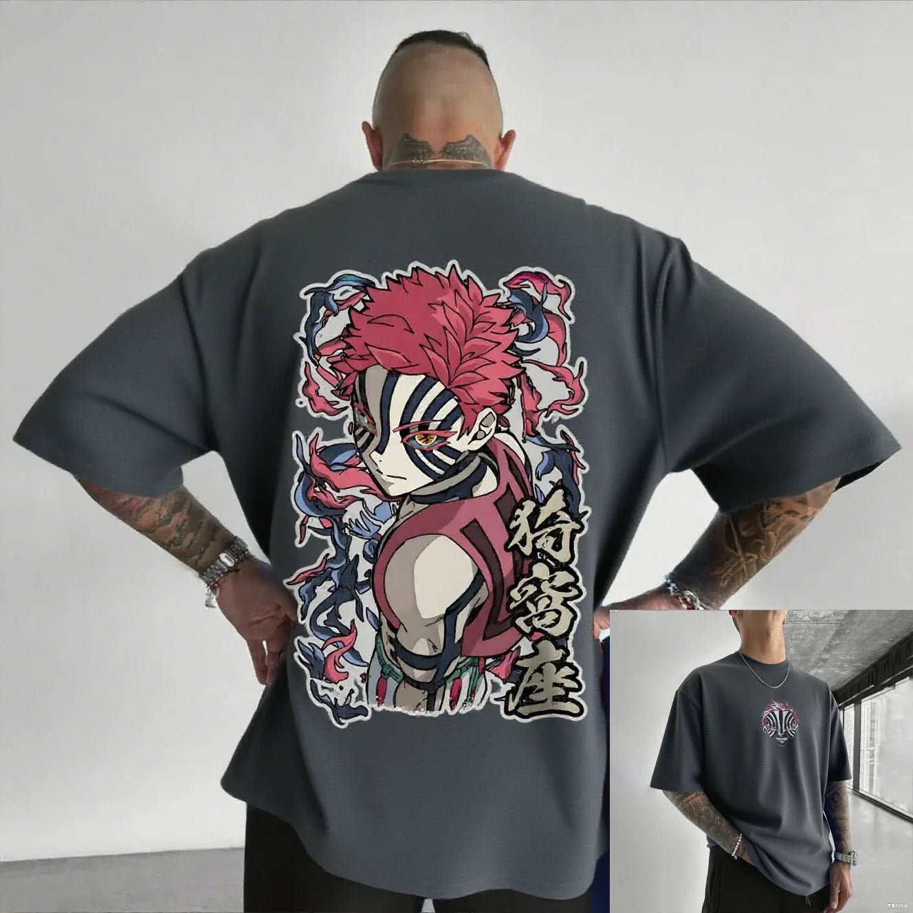Camiseta Masculina Demon Slayer Akaza Anime Oversized Algodão Feminina Manga Curta Tops Verão Streetwear Gráfica Casual Roupa Y2k