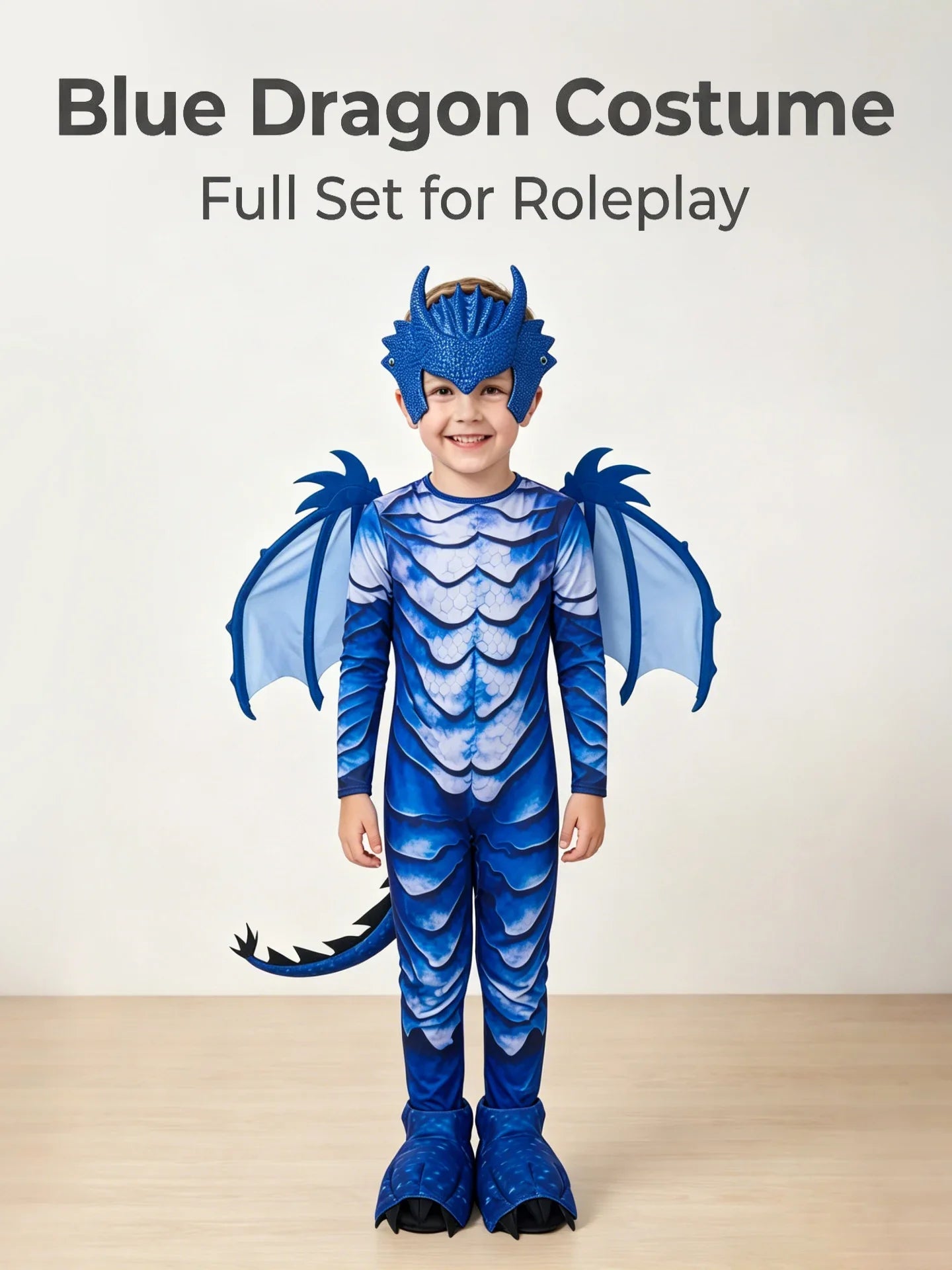 The Frost Blue Dragon Knight Jumpsuit for Kids, Halloween Carnival Theme Party Costume with Wing Tail Mask