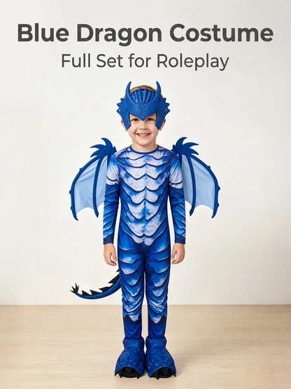 The Frost Blue Dragon Knight Jumpsuit for Kids, Halloween Carnival Theme Party Costume with Wing Tail Mask