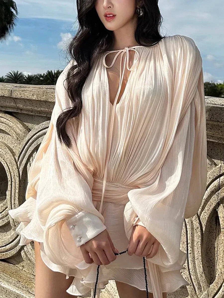 Solid Loose Splicd Lace Up Dresses For Women V Neck Long Sleeves Patchwork Ruffles Tunic Dreses Female Fashio New