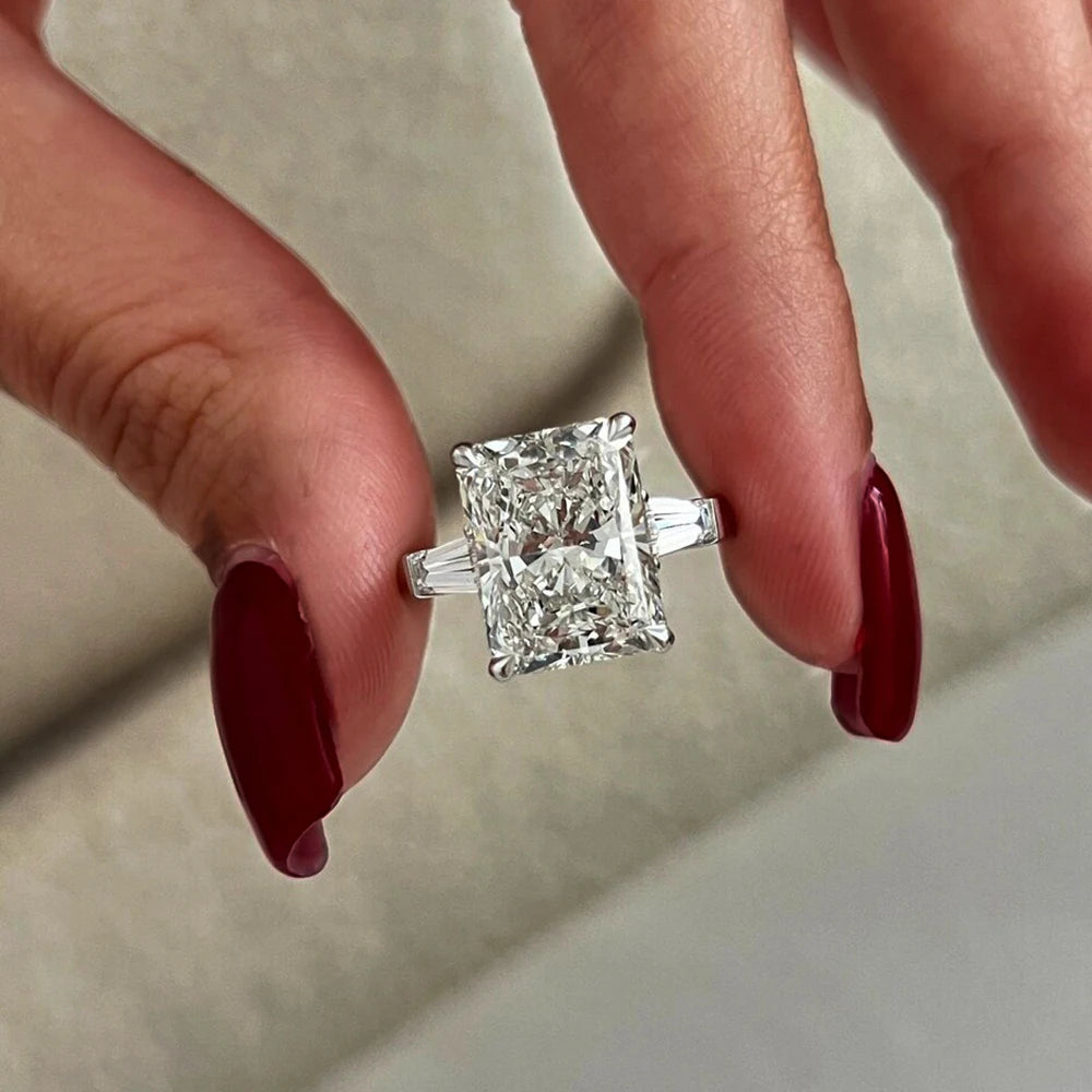 1/2/3/4Carat Radiant Cut Full Moissanite Engagement Ring with Tapered Baguette Shape Diamond S925 Silver Wedding Rings for Women