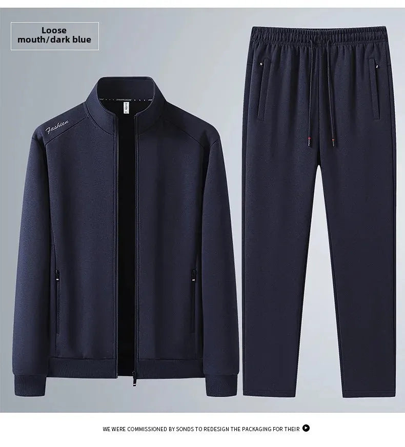 Spring Autumn New Men's Cotton Sports Suit Stand Collar Sweatshirt Middle-Aged And Elderly Casual Stylish Cardigan Loose-Fit 2-P