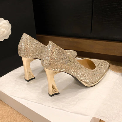 Sapatos Femininos de Paetê da Moda 2024 Novos Sapatos Femininos Bico Fino Boca Rasa Conforto Salto Alto Feminino primavera outono