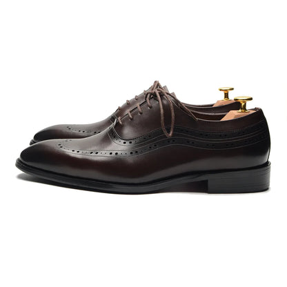 Luxury Mens Wingtip Oxford Dress Shoes Genuine Leather Brogue Dark Brown Lace-up Pointy Toe Business Office Wedding Formal Shoes