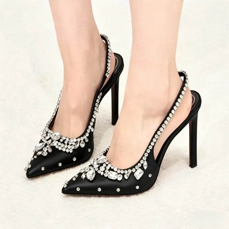 Luxury Diamonds Designer High Heels Women Satin Pointy Toe Pumps Rhinestone Sandals Female Shiny Sexy Wedding Dress Party Shoes