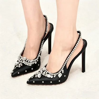 Luxury Diamonds Designer High Heels Women Satin Pointy Toe Pumps Rhinestone Sandals Female Shiny Sexy Wedding Dress Party Shoes