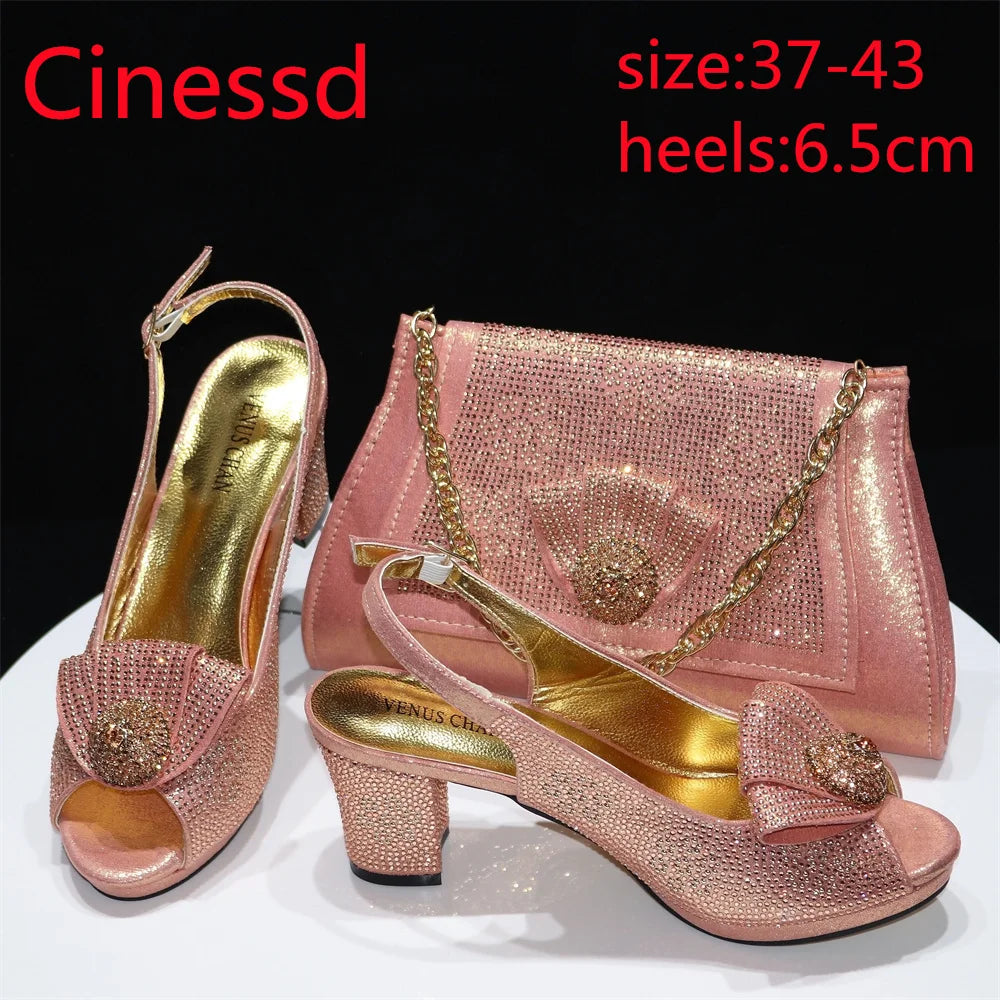 Square Heels with Platform Peach Color Nigeian Women Shoes and Bag Set Full Crystal Pumps for Christmas Dinner