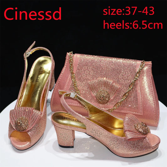 Square Heels with Platform Peach Color Nigeian Women Shoes and Bag Set Full Crystal Pumps for Christmas Dinner