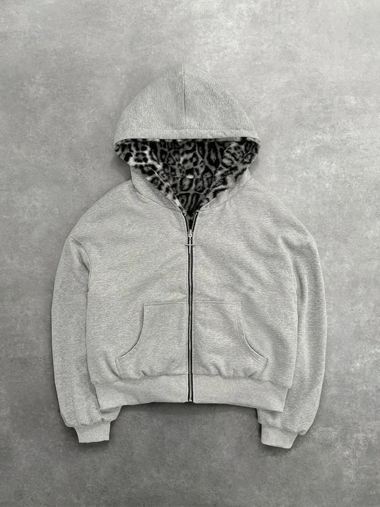 Hip-hop Nova Roupa Dupla Face Harajuku Retro Estampa de Leopardo Moda Solta Zíper Moletom Masculino Street Casual Feminino