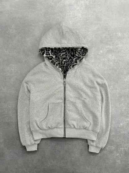 Hip-hop Nova Roupa Dupla Face Harajuku Retro Estampa de Leopardo Moda Solta Zíper Moletom Masculino Street Casual Feminino