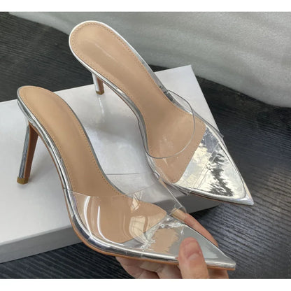 Novas Sandálias Femininas de Salto Alto de Verão Simples Transparentes de Salto Alto, Chinelos de Salto Agulha, Bico Fino, Aberto na Frente, Mules