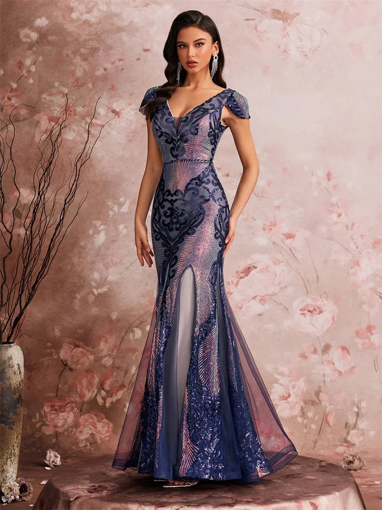Luxury Cap Sleeve V-neck Sequin Formal Evening Dress Women Elegant Mermaid Party Cocktail Gown Special Event