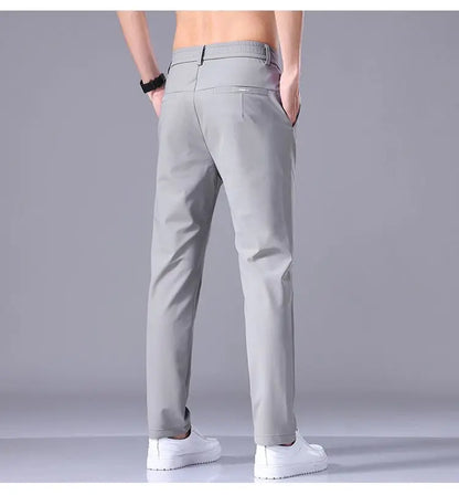 Ultra-thin Elastic Men's Casual Trousers Summer Quick-drying Ice Silk Slim Straight Business Solid Color Trousers Black Gray