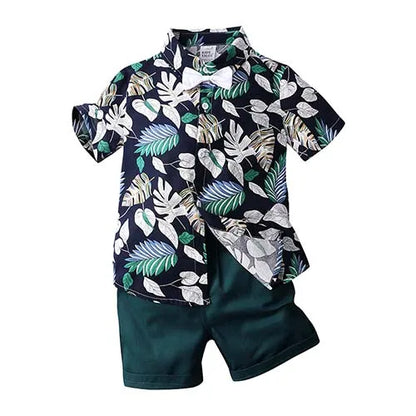 2026 Gentleman  Kids Boys Party Clothing Set Print Hawaii Style Short Sleeve Shirt +Short Pants Formal Suit Seaside Outfits 2Pcs