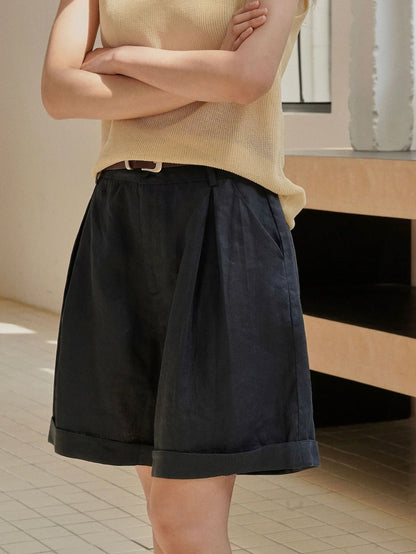 Summer Korea Style Lazy Linen Curled Bermuda Shorts Wide Leg Loose Slim Casual Hot Pants For Women