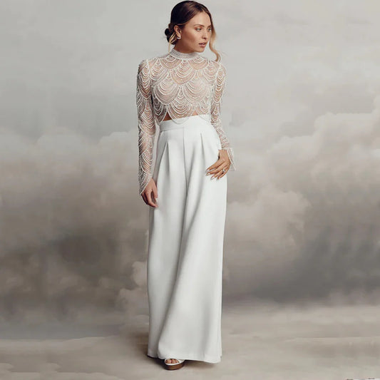 Exquisite High Neck Beading New Wedding Gown Sexy Illusion Long Sleeve Pearl Heavy Industry Bride Civil Custom Vestidos De Novia