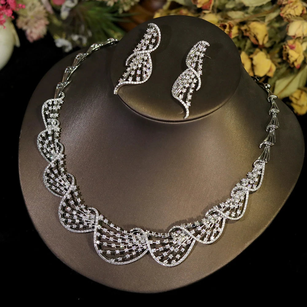 Luxury Crystal Jewelry Set Cubic Zirconia Circular Necklace Women Wedding Engagement Party Accessory for Dubai Bride
