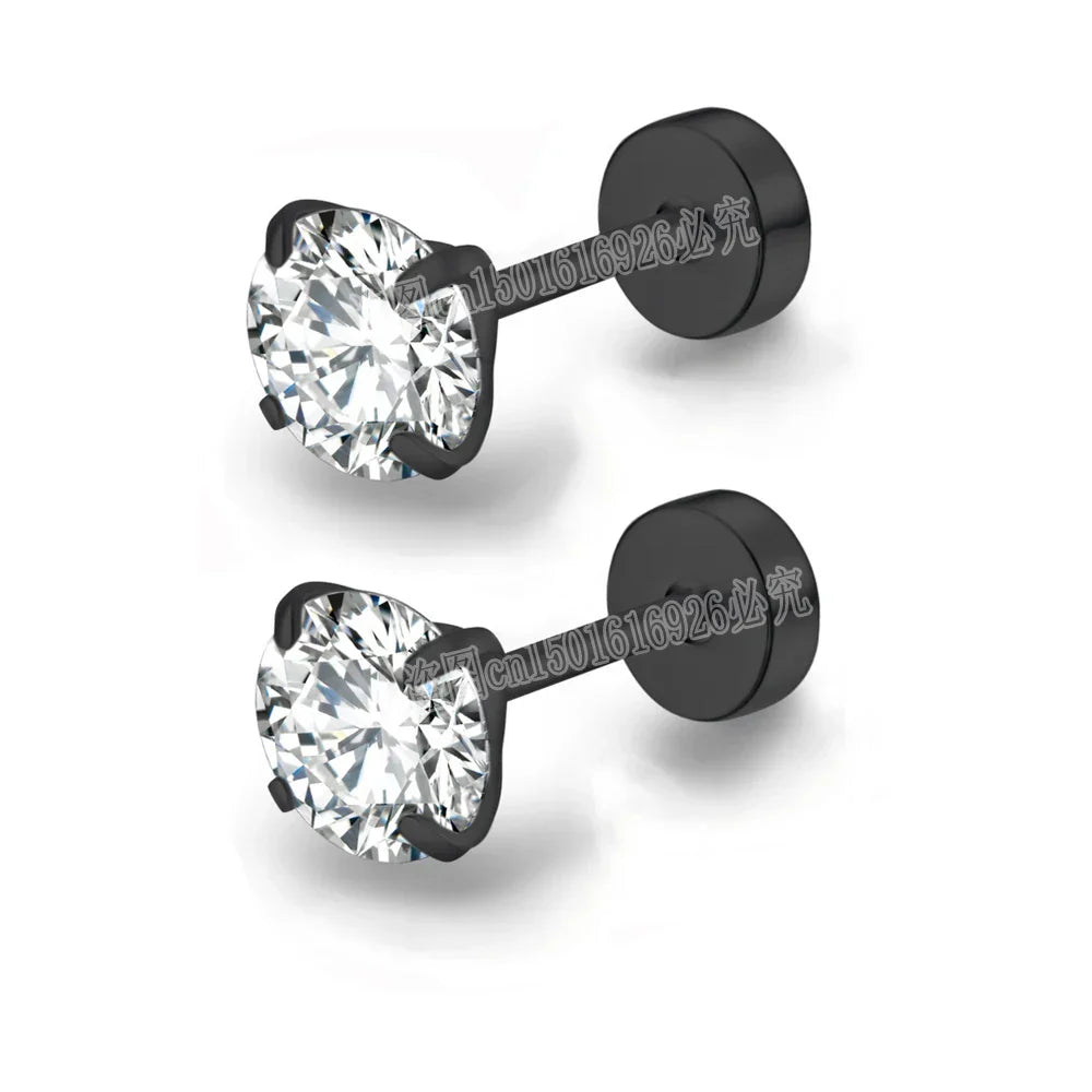 XUBCHC Stainless Steel Round Cubic Zirconia Ear Piercing For Women Men CZ Shiny Silver Color Stud Earrings Black Body Jewelry