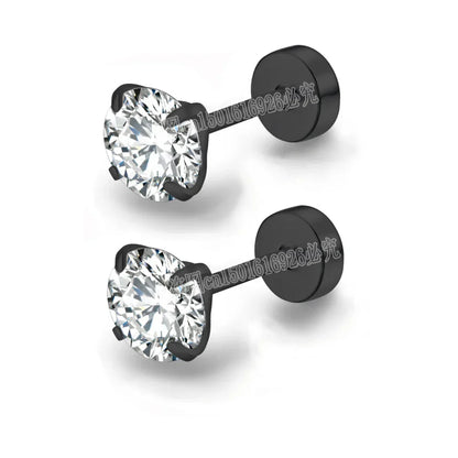 XUBCHC Stainless Steel Round Cubic Zirconia Ear Piercing For Women Men CZ Shiny Silver Color Stud Earrings Black Body Jewelry