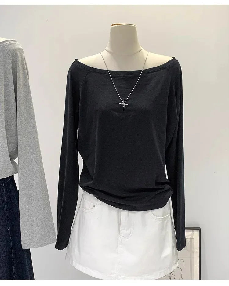 Autumn Winter One Shoulder Cotton Long Sleeve Slant Shoulder Women's Clothing Style Interior Wide Truffle Shoulder Base Shirt