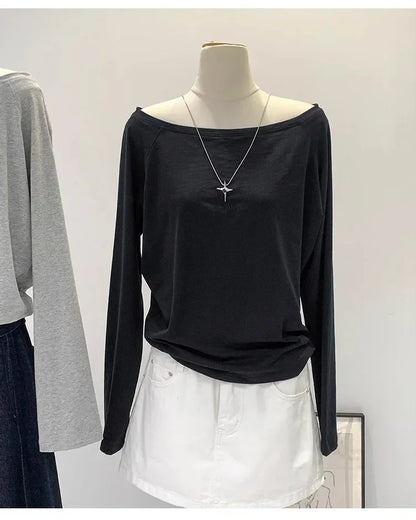 Autumn Winter One Shoulder Cotton Long Sleeve Slant Shoulder Women's Clothing Style Interior Wide Truffle Shoulder Base Shirt