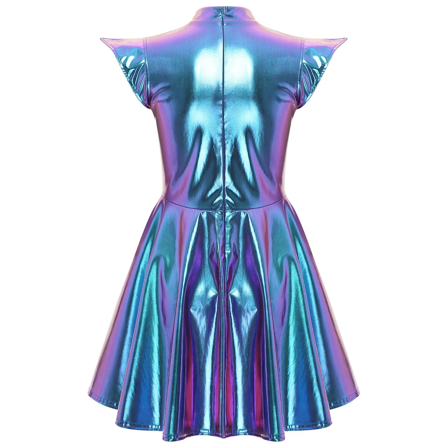 Womens Cocktail Dress Shiny Metallic Dress Alien Space Cap Sleeve High Waist A-line Dress for Halloween Party High Street Dress