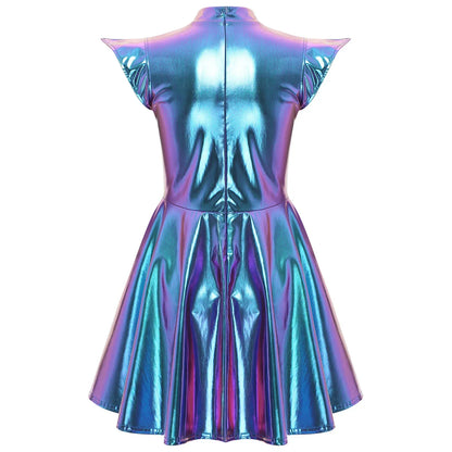 Womens Cocktail Dress Shiny Metallic Dress Alien Space Cap Sleeve High Waist A-line Dress for Halloween Party High Street Dress