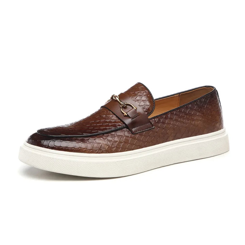 Fashion Men's Casual Shoes Snakeskin Grain Leather Men Retro British Style Loafers Monk Shoes Mens Slip-on Outdoor Driving Flats