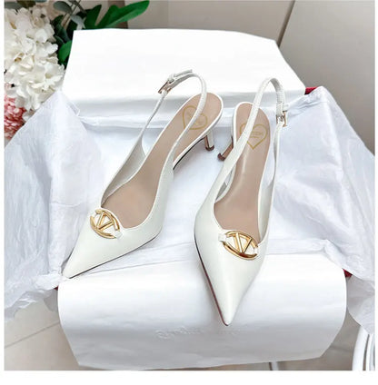 Thin heeled Baotou sandals for women's summer 2026 new style, pointed back strap, metal buckle, versatile high-heeled sandals