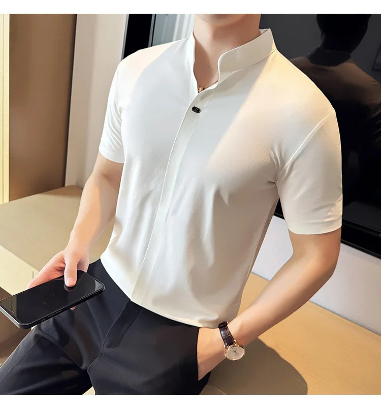 Men's High Elastic V-neck Polo Shirt, Thin Short-sleeve T-shirt, Business Casual Men's Top, 2024 High Quality, M-4XL.