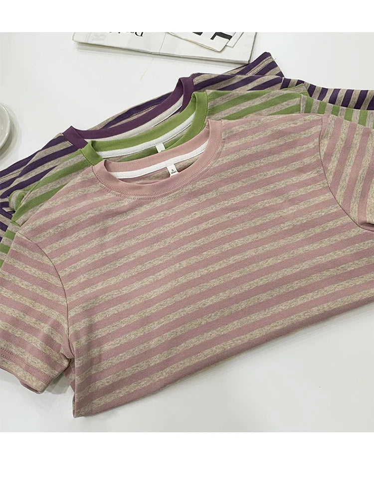 Summer Short Sleeve Striped T-Shirts Versatile Women Knitted Basic Casual Tops Female Cozy Loose Cotton Tees 2023 Harajuku Shirt