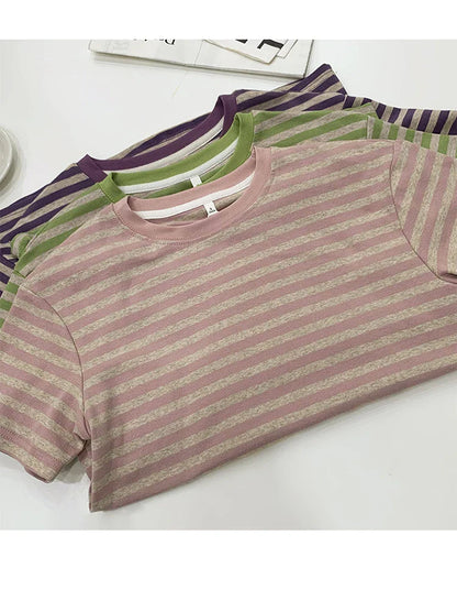 Summer Short Sleeve Striped T-Shirts Versatile Women Knitted Basic Casual Tops Female Cozy Loose Cotton Tees 2023 Harajuku Shirt
