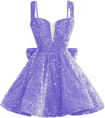 Sparkly Sequin Homecoming Dresses 2026 Short Spaghetti Straps V Neck Cocktail Party Gowns with Bow  Mini Dress Graduation Dress