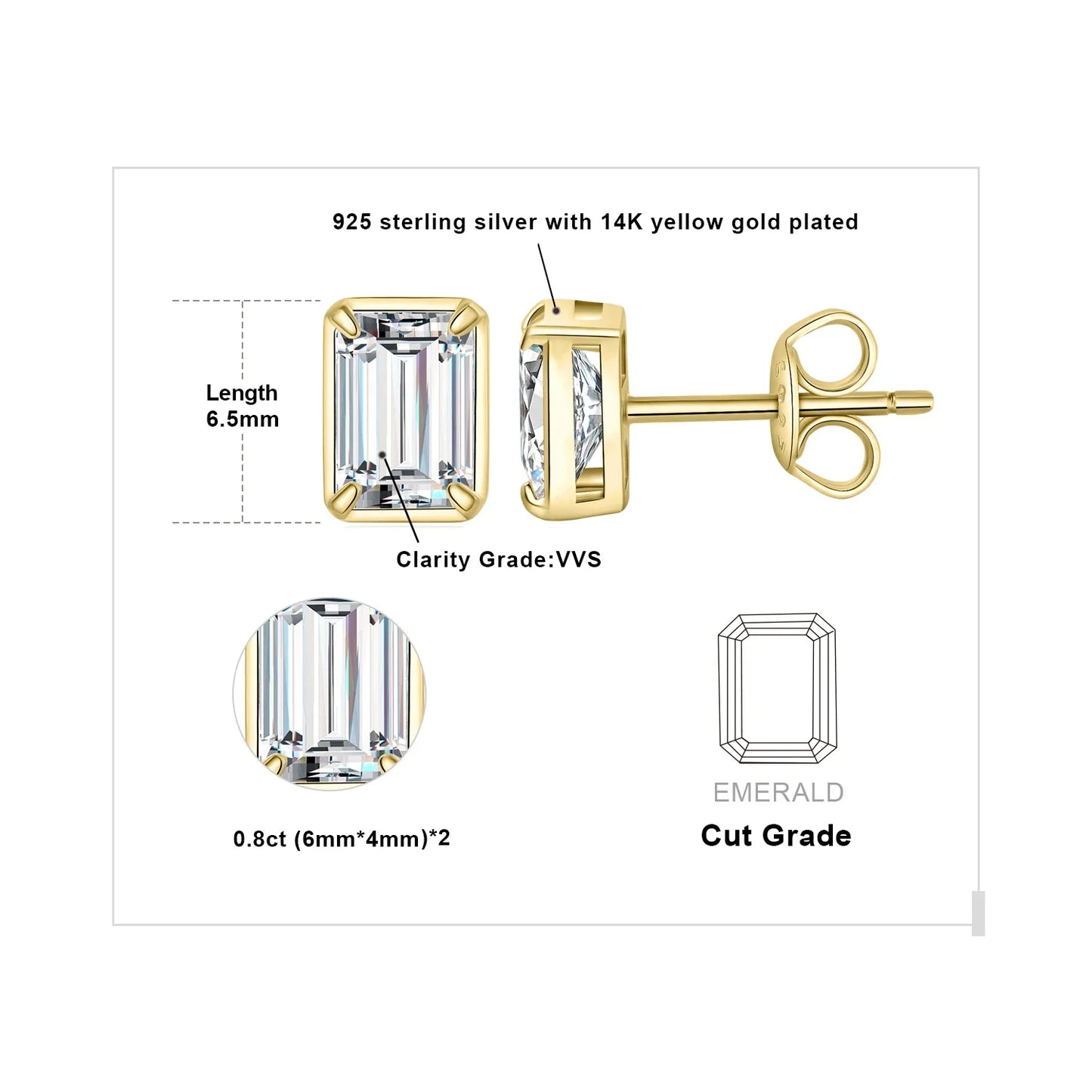 Moissanite D Color 1.6ct/pair Emerald Cut 925 Sterling Silver Stud Earrings for Woman Yellow Rose Gold Plated
