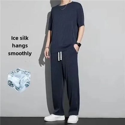 High-End Ice Silk Men's Sports Suit Casual Home Use Long Pants Short Sleeves Quick Drying Top Set Summer Collection