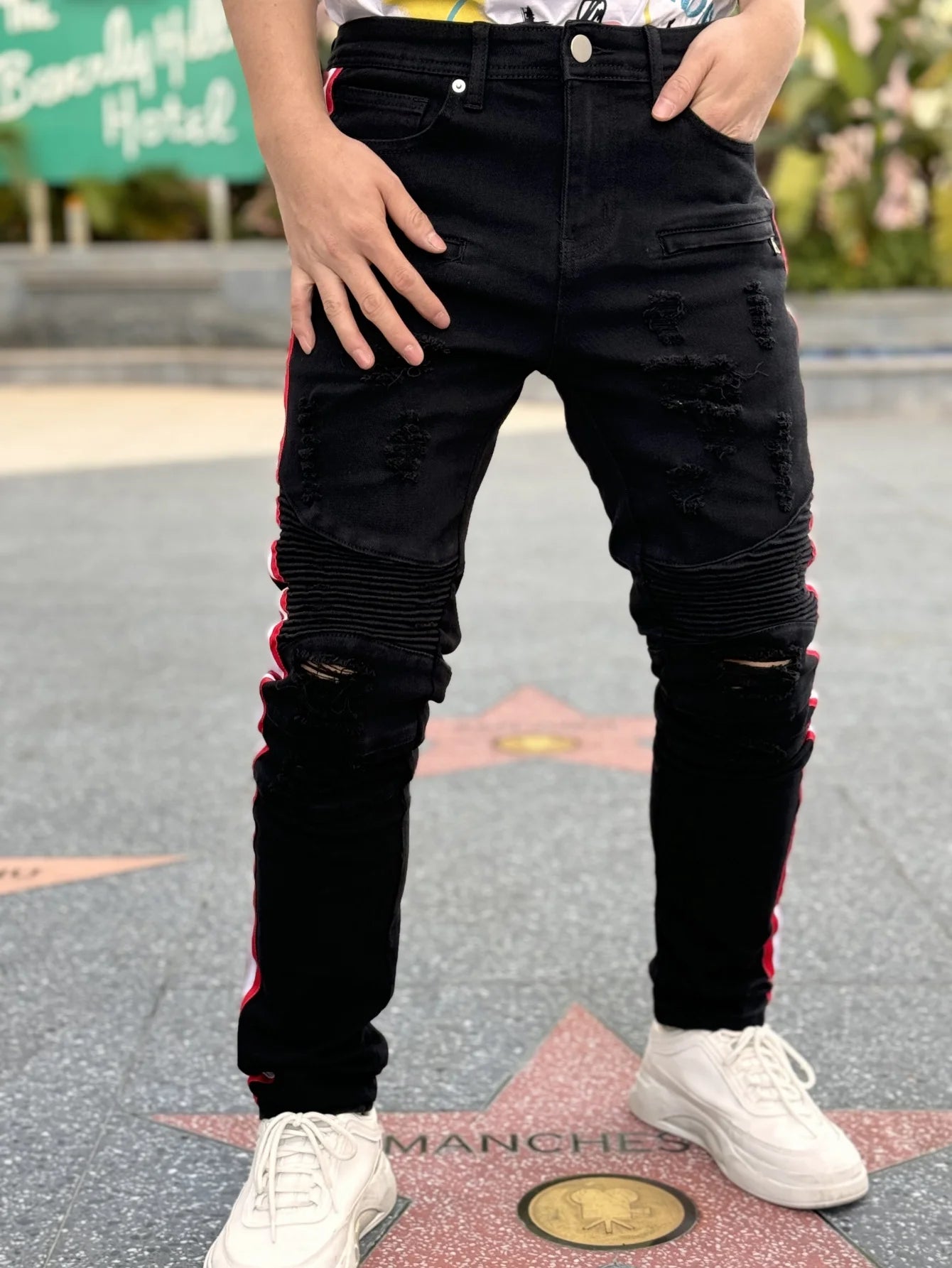 Y2K Men's Denim Hole-out Pants Patchwork Collection - Fashionable Trendy Street Hip-Hop Style Regular Fit Black Cotton Blend