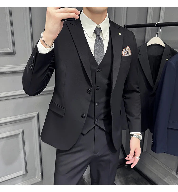 Slim Fit Men's Three Piece Suit Thin Single Button Notch Lapel Casual Fashion Cotton Blend Spring Autumn Wear for Youth